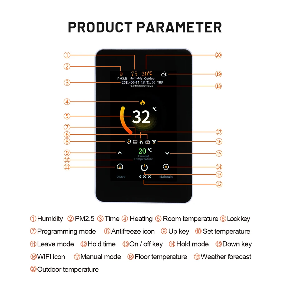 Tuya WiFi Smart Thermostat Electric Floor Heating Water Heating Temperature Controller CO2 and Humidity Sensor Alexa Google Home