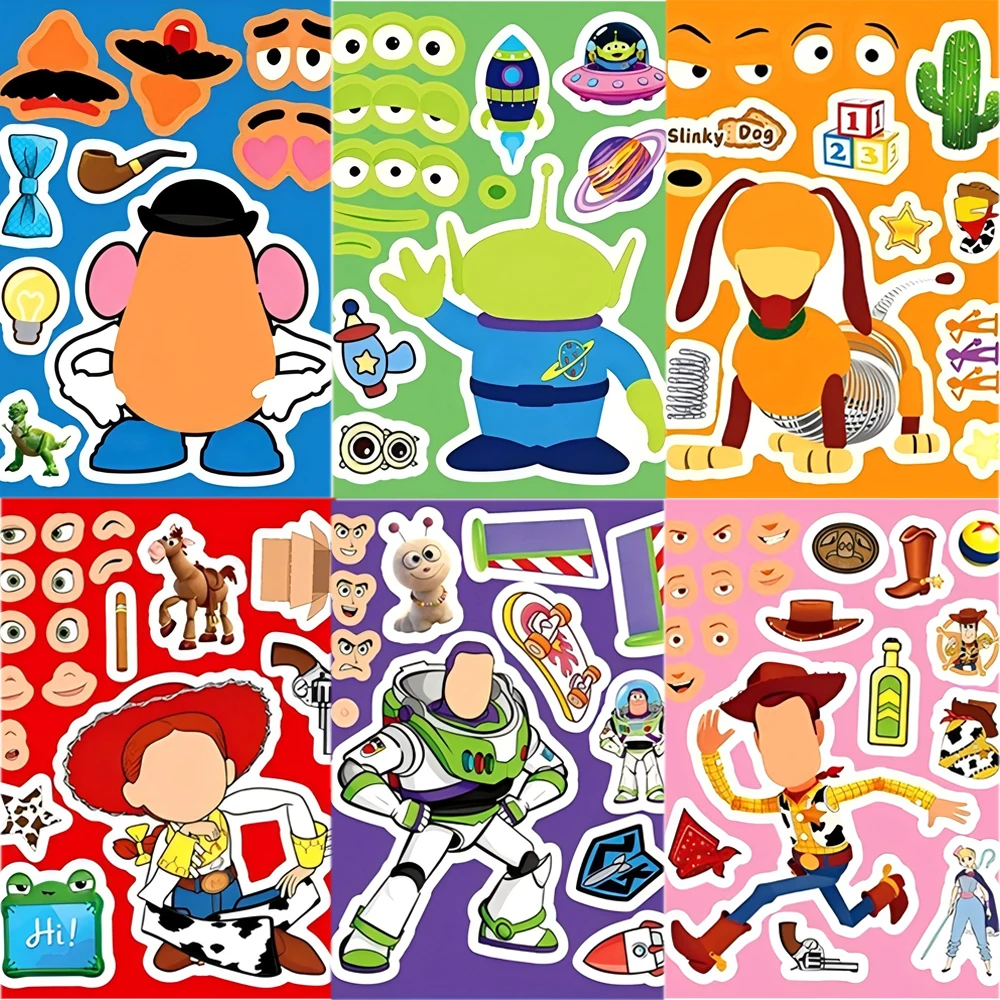 

8/16sheets Disney Toy Story Buzz Lightyear Woody Puzzle Stickers Make a Face DIY Funny Cartoon Assemble Jigsaw Decals Toys Gift