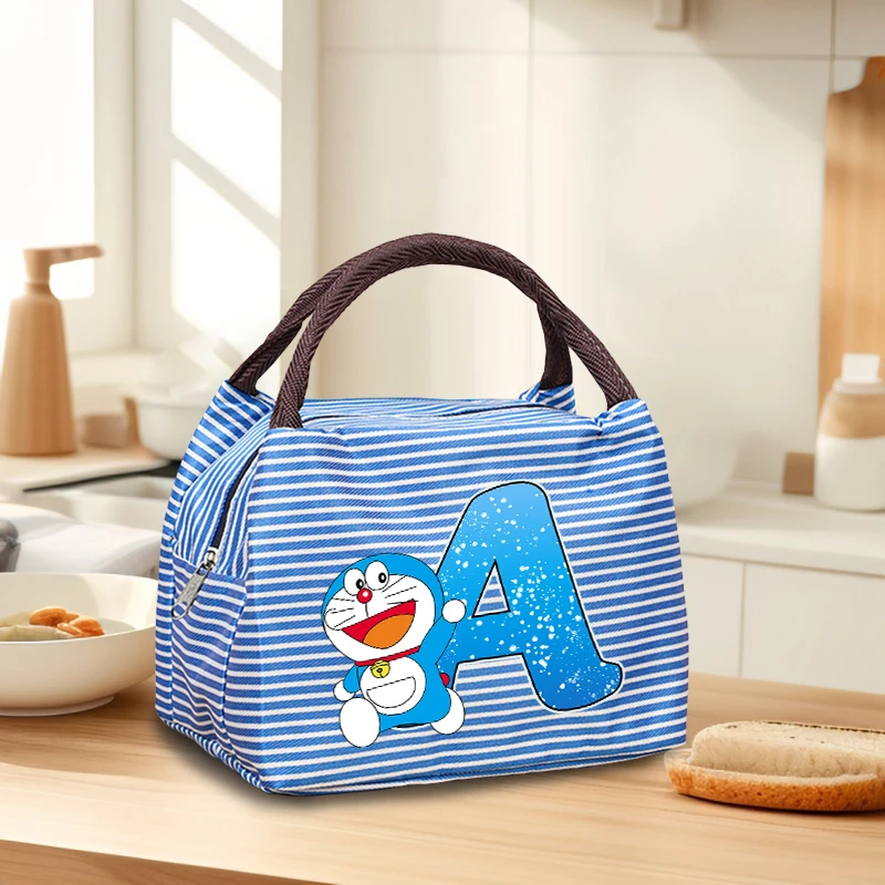 Cute Doraemoned Striped Lunch Bag Letter A-Z Printed Insulated Dinner Handbags Fashion Picnic Portable Canvas Thermal Food Bags