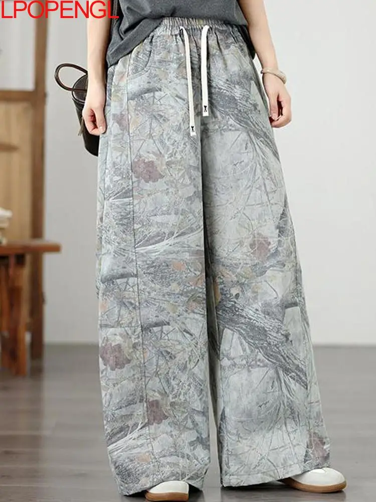 2026 Fashion Spring And Summer Thin Print Drawstring Loose Vintage Casual Versatile Elastic Waist Straight Wide Leg Denim Pants