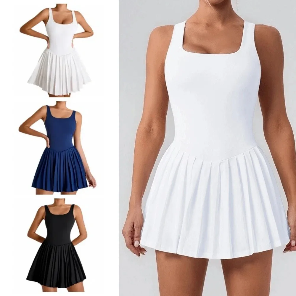 

Hollow Out Women Tennis Dress Lace Up Polyester Yoga Fitness Dress High Elasticity Buit-in Short Workout Romper Dress