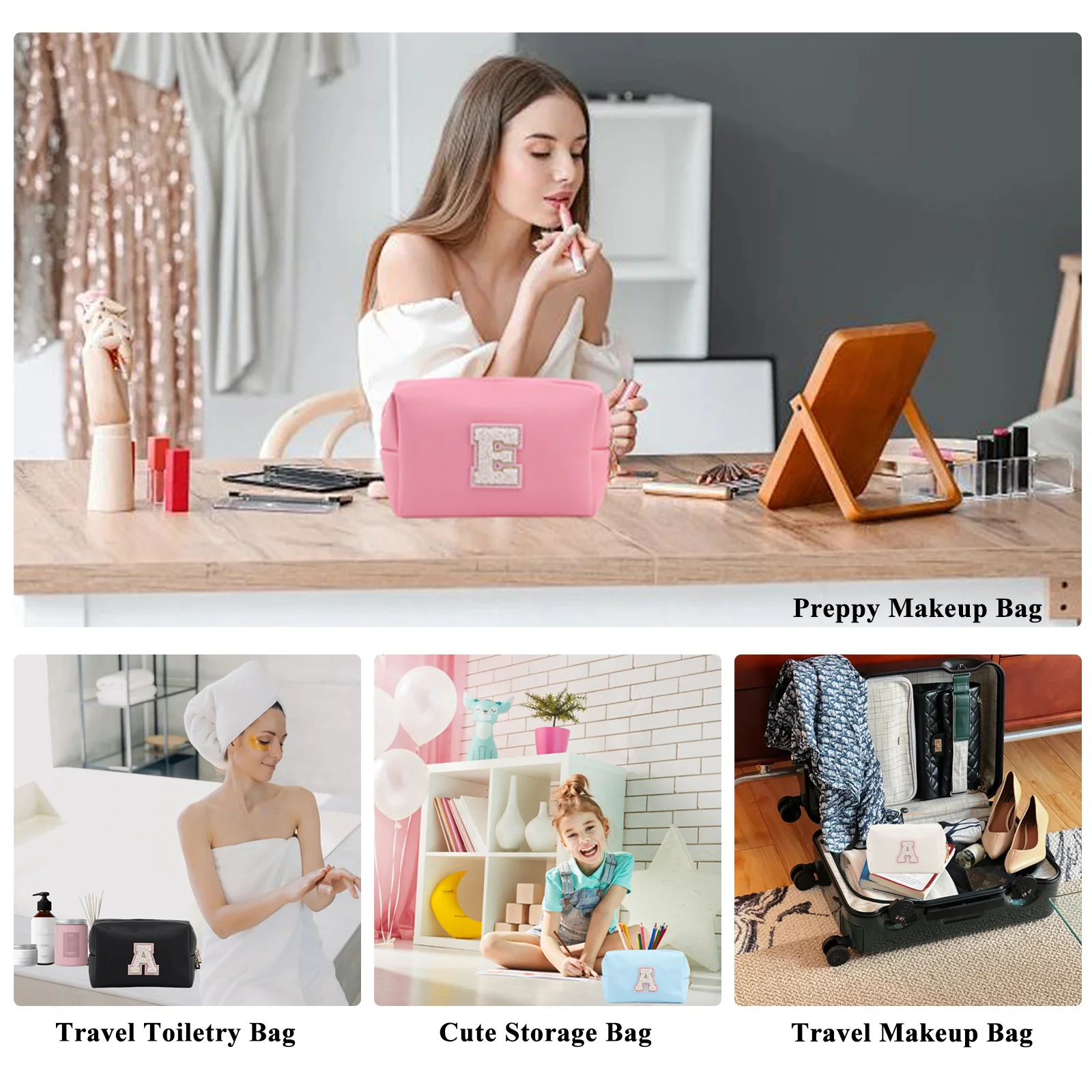 Personalized Initial Makeup Bag Cute Letter Zipper Cosmetic Bags for Women, Preppy Makeup Pouch Travel Toiletry Bag Organizer