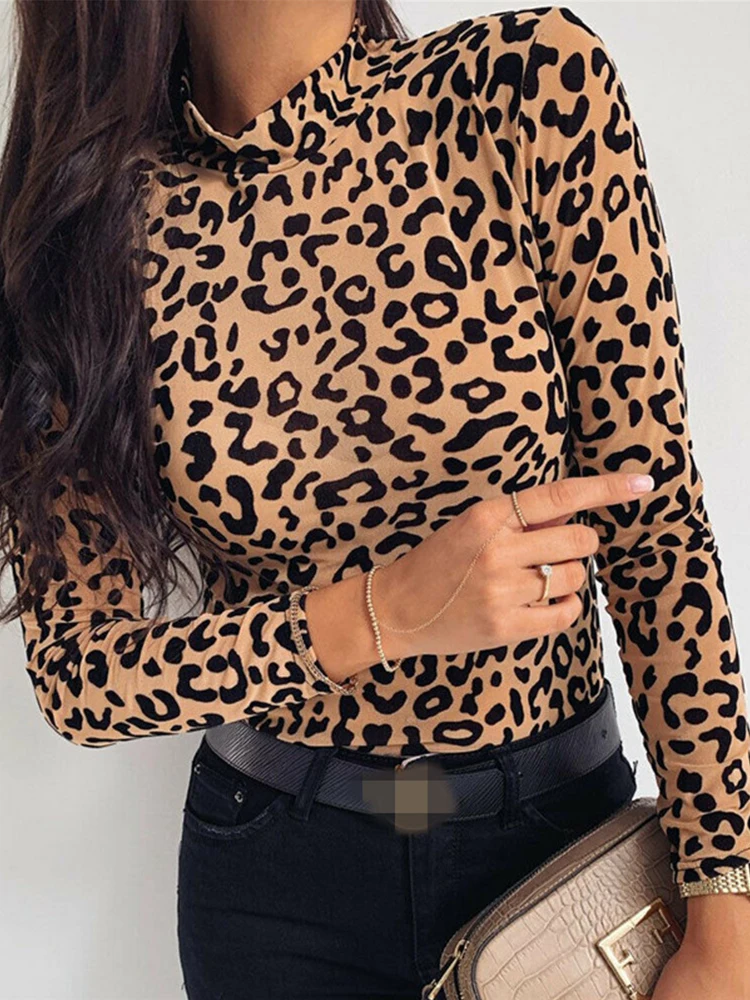 Women Blouses Fashion Leopard Print Turtle Neck Blouse Autumn Long Sleeve Shirts Party Ladies Clothes Womens Blouses And Tops