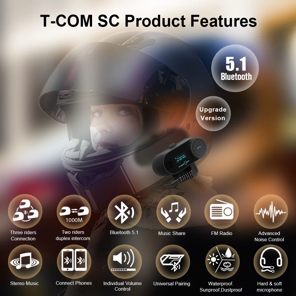 Freedconn TCom SC Motorcycle Intercom Helmet Bluetooth Headset Wireless Communication bluetooth speakers Music Share 6 Riders FM