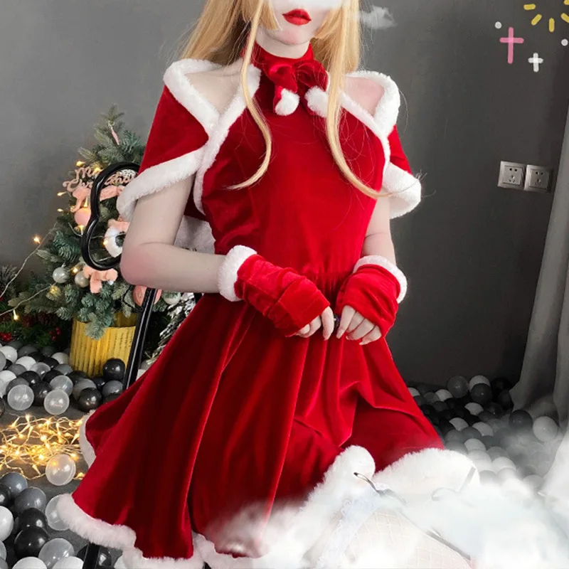 Christmas Costumes Women Sweet Maiden Red Christmas Dress Sexy Christmas Dress Flannel  Outfits Fluff