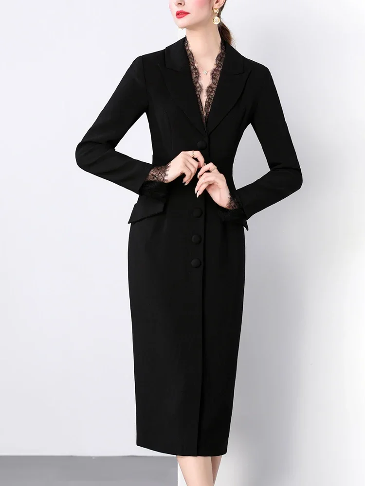 

Women's Solid Patchwork Lace Blazer Notched Collar Long Sleeve Tunic Slimming Dress for a Fashionable and Elegant Look