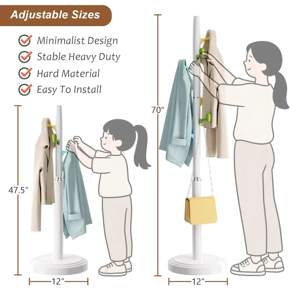 ราวแขวนเสื้อแบบตั้งพื้น ปรับความสูงได้ พร้อมตะขอ ABS 8 อัน ราวแขวนเสื้อเด็กบนฐานกลมที่มั่นคง ขนาดกลาง