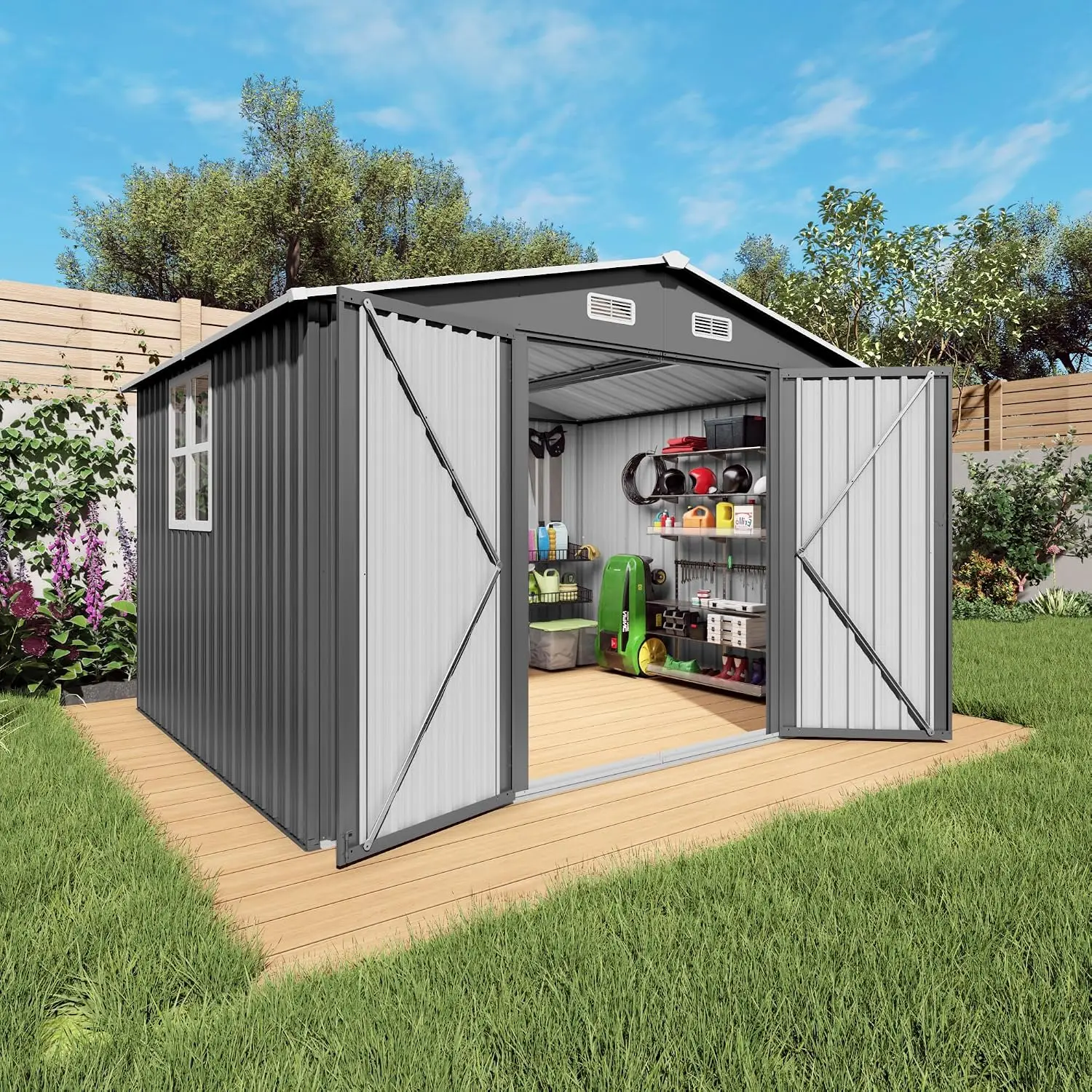 10x8x6.4FT Outdoor Storage Shed, Galvanized Steel Garden Shed with Lockable Door & Window, Waterproof Metal Tool Storage for Gar