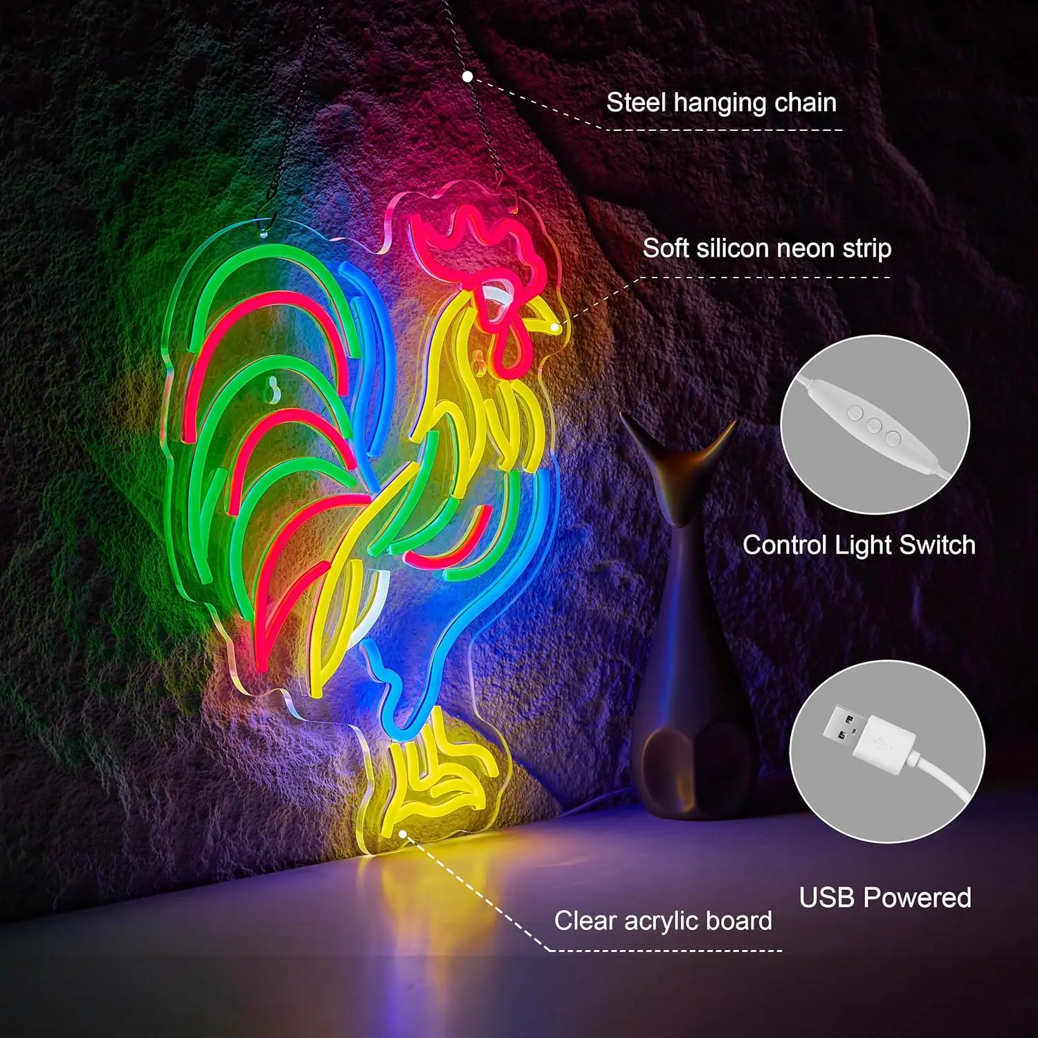 Rooster Neon Sign Chicken USB Dimmable LED Light Up Sign Wall Decor for Man Cave Beer Bar Game Room Lights