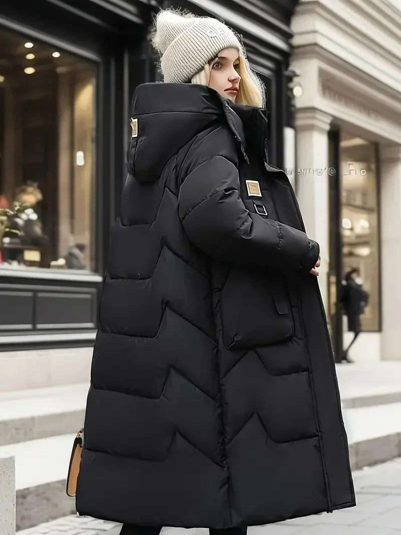 Parka longue à capuche avec poignées amovibles pour femme, manteau rembourré, vêtements de neige, chaud, épais, col en fourrure, poches zippées, hiver, nouveau, 2024