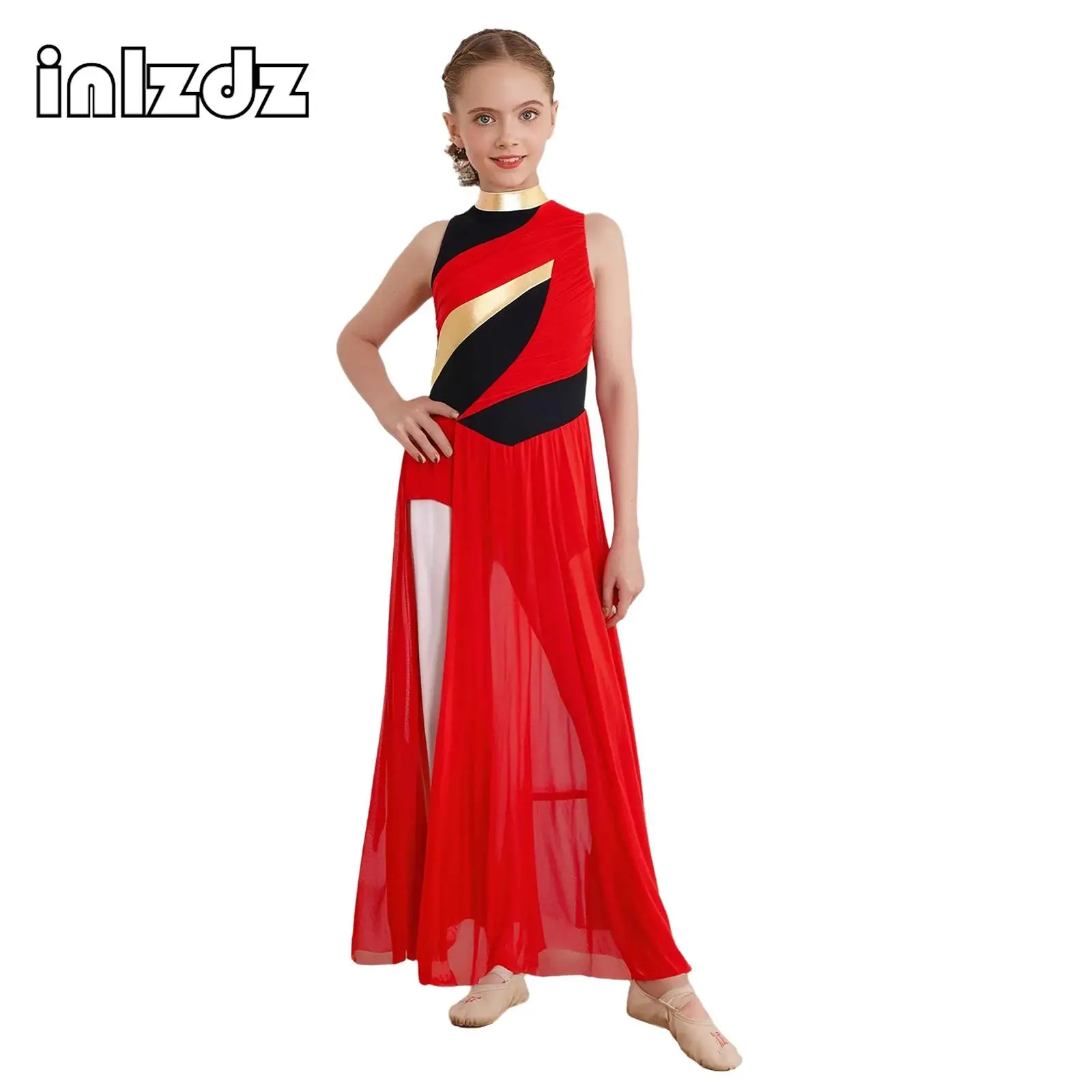 

Girls Lyrical Dance Dress Modern Contemporary Performance Costumes Dancewear Sleeveless Mesh Bodice Side Split Maxi Long Dress