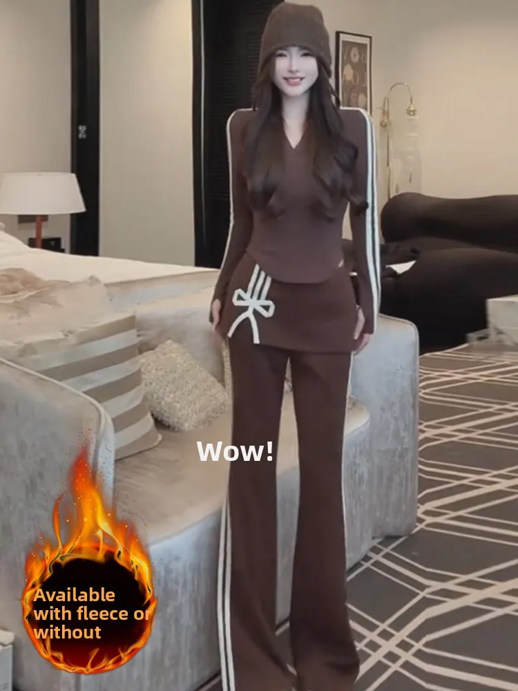 

Fashionable Fleece Lined V-Neck Women's Set High Waist Wide Leg Pants Two-Piece Suit Elegant Winter Outfit Casual Sportswear