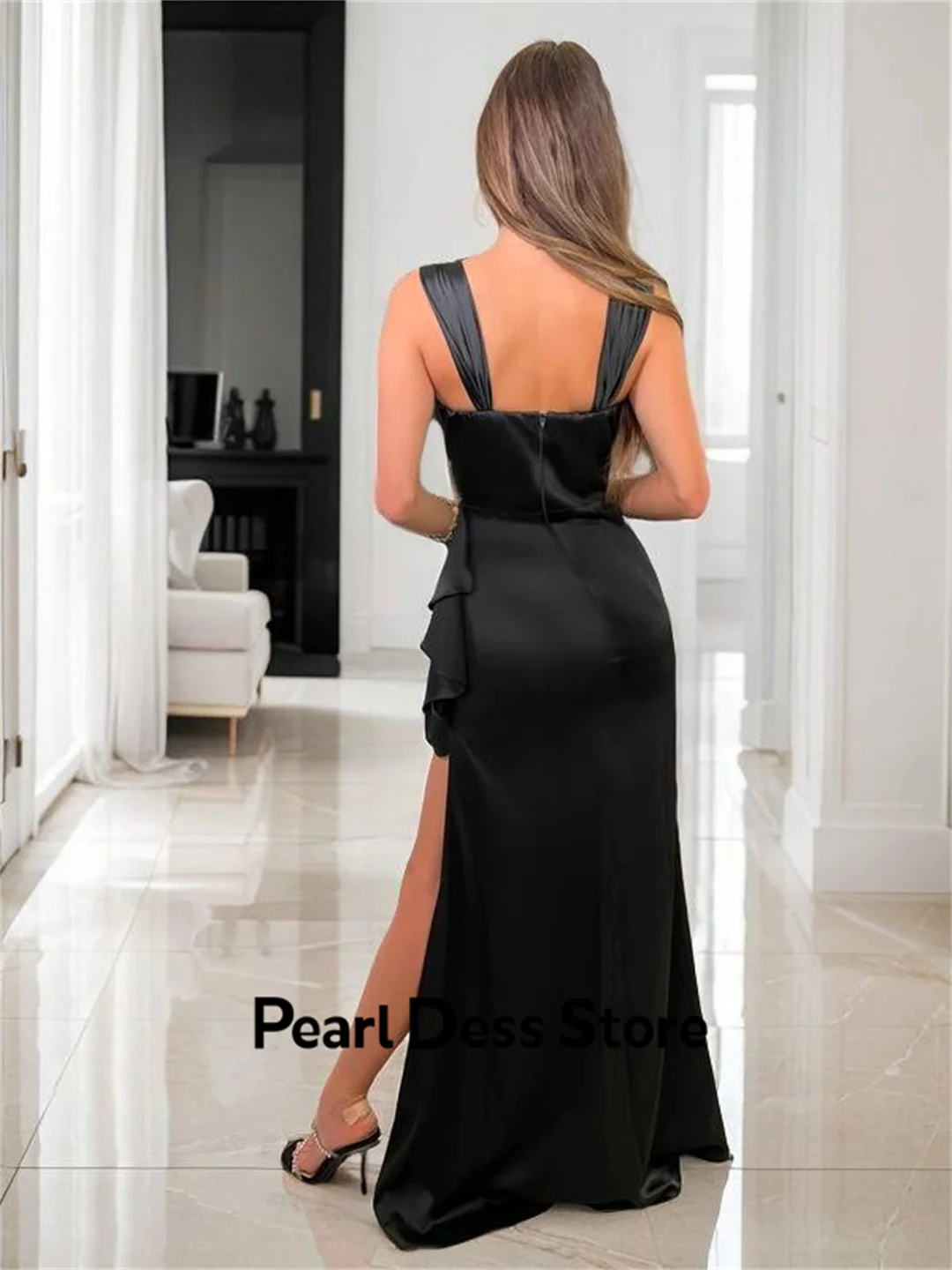 Pearl Elegant Evening Dresses for Women Luxury Evening Dresses 2024 Women Fish Tail Black Gala Dress Es Satin Side Slit Party