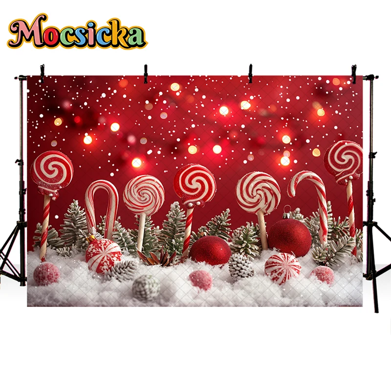 Mocsicka Winter Red Xmas Background For Child Adult Family Photography Candy Lollipop Snowflake Christmas Tree Decor Props