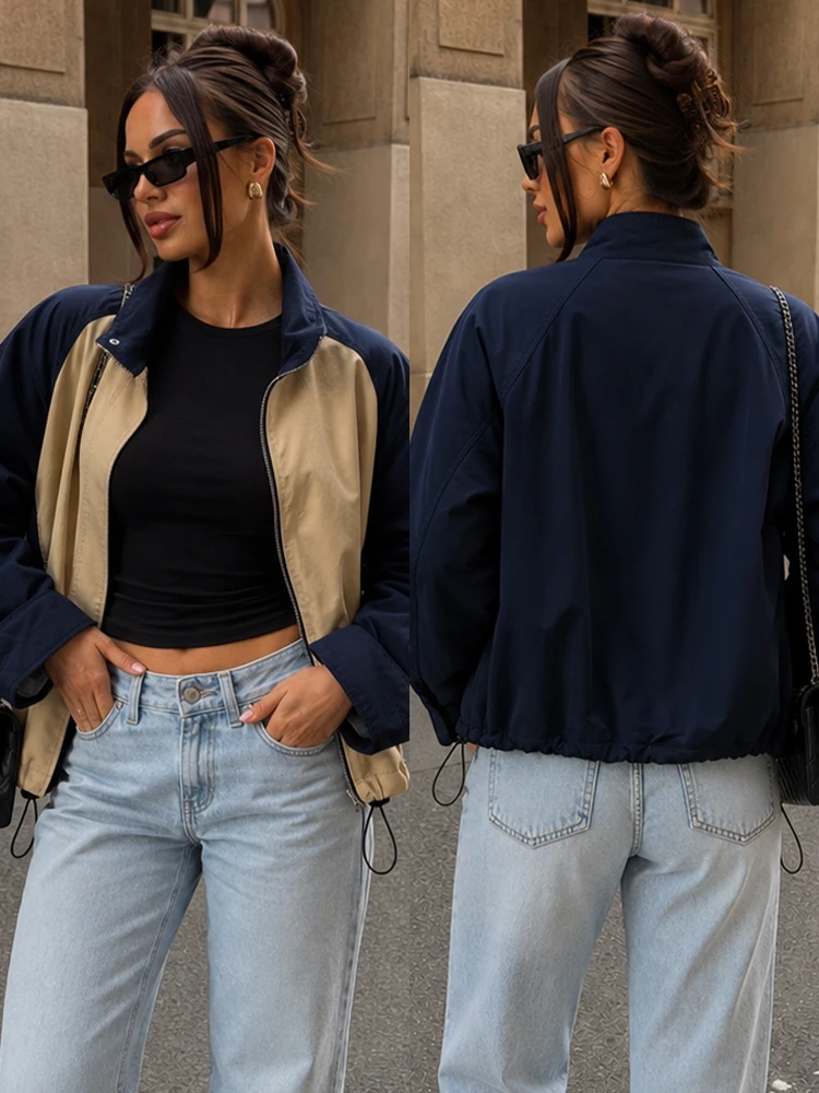 HH Women Casual Sports Jacket Loose Drawstring Hem Stand Collar Color‑Block Outerwear 2026 Spring Autumn Chic Vacation Coats