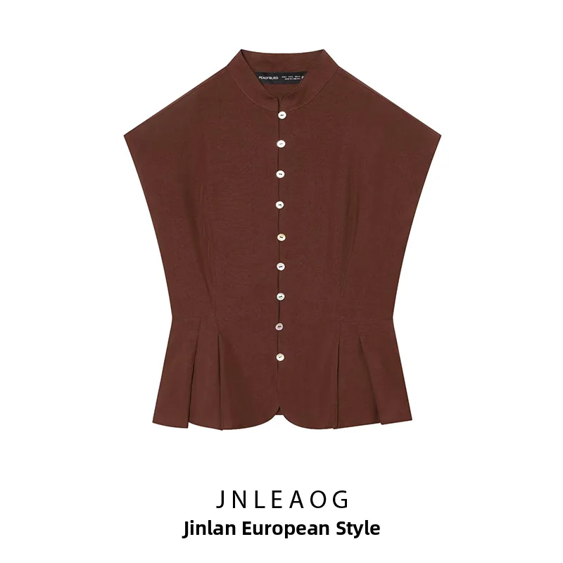 

JNLEAOG Summer New Women's Fashion High Collar Short Skirt Style Hem Pleated Top Polyester Fiber Regular Sleeveless