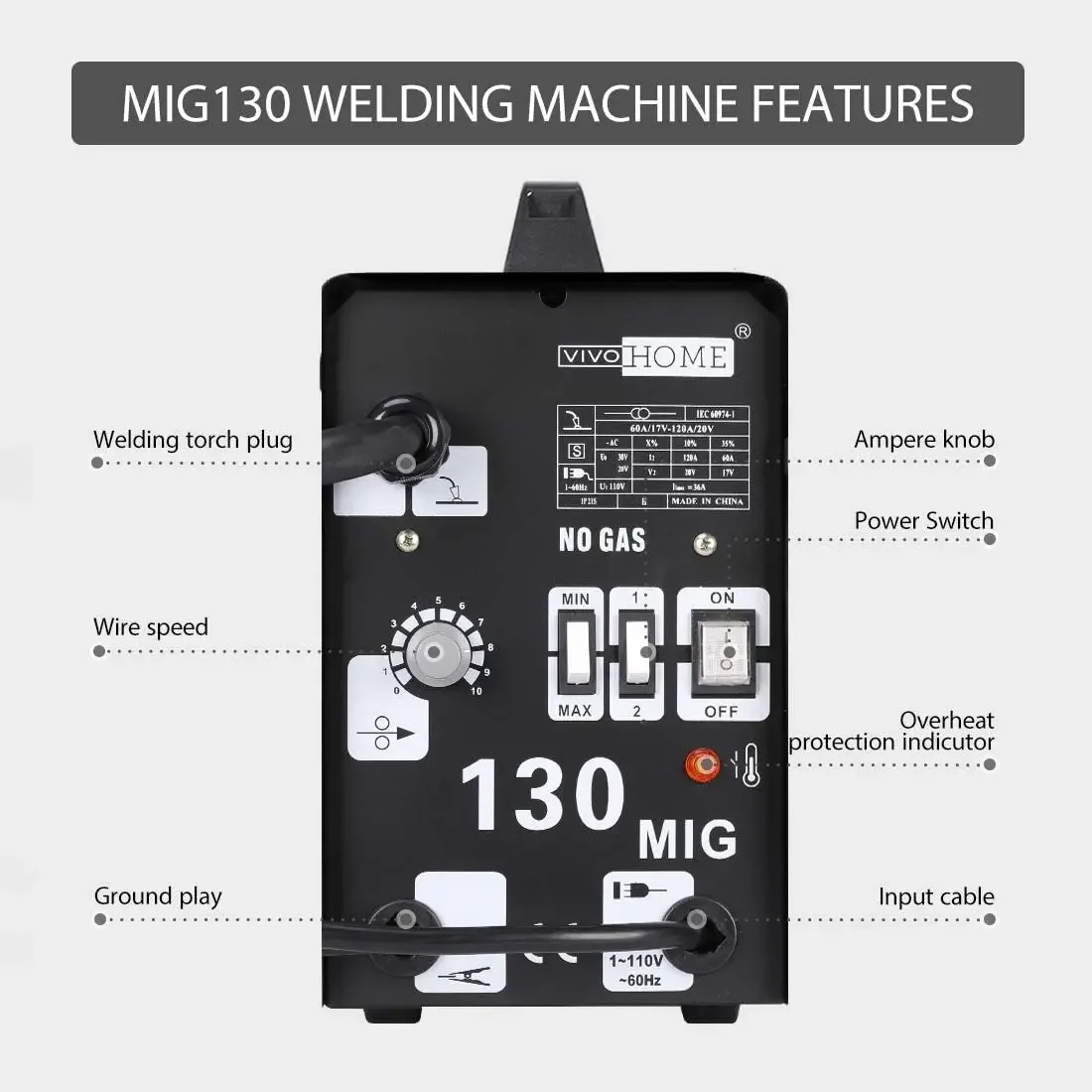 MIG Welder 130 Flux Core Wire Automatic Feed Welding Machine Portable No Gas 110V DIY Home Welder w/Free Mask Black