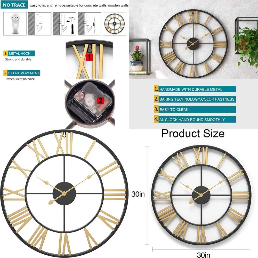 

Battery-Powered Silent 30 Oversized Metal Roman Numeral Wall Clock for Home, Kitchen, Living Room, and Office