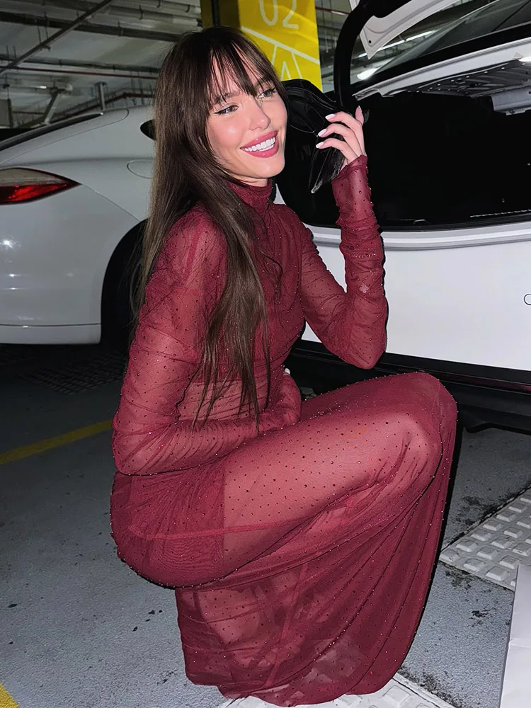 Sequined Mesh Dresses For Women Fashion Sexy Streetwear Solid See Through Turtleneck Full Sleeves Long Vestidos Robes Female Fit