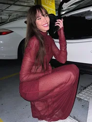 Sequined Mesh Dresses For Women Fashion Sexy Streetwear Solid See Through Turtleneck Full Sleeves Long Vestidos Robes Female Fit