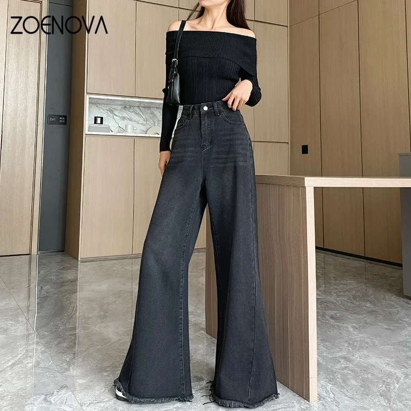 ZOENOVA Spring Autumn New Fashion Women's Jeans Street Casual Wide Leg Pants Loose Straight Raw Edge Trousers Y2K Flared Pant