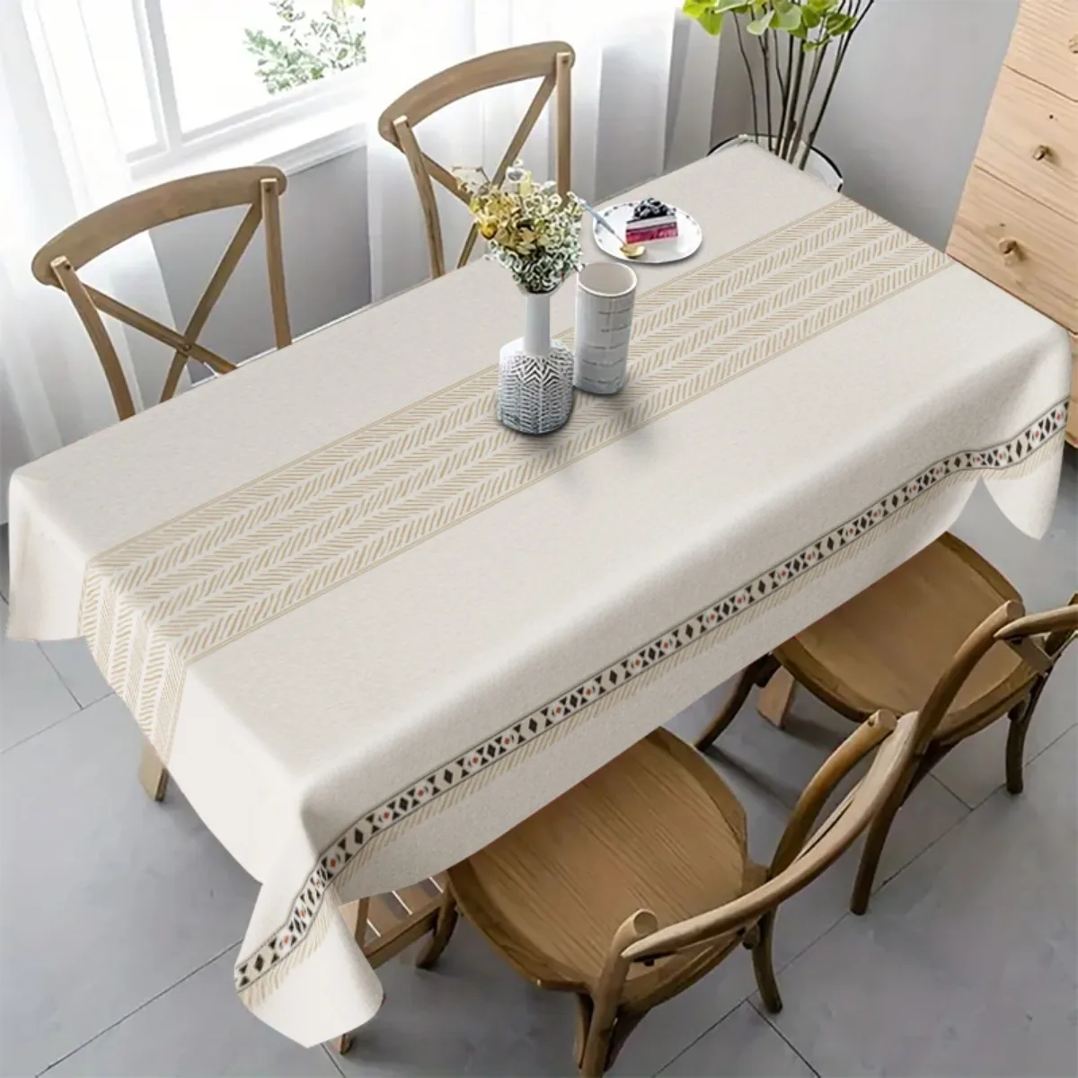 One piece with a light beige base and light coffee-colored stripes in fine pattern on the side made of polyester fiber.