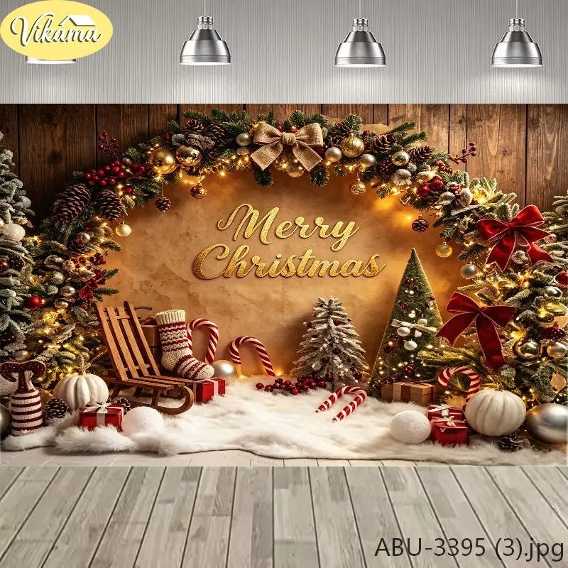 VIKAMA Christmas Photo Backdrop Rustic Wood Pinecone Burlap Bow Tree Photography Background for Family Holiday Party Reusable