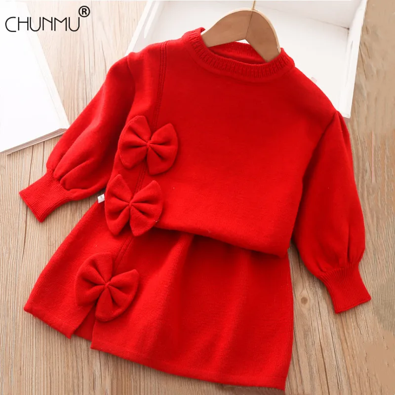 

Baby Girl's Winter Clothes Set Red Christmas Outfits 0-5 Years Kids Girls Solid Color Bow Sweater Tops and A-line Skirt 2 Piece