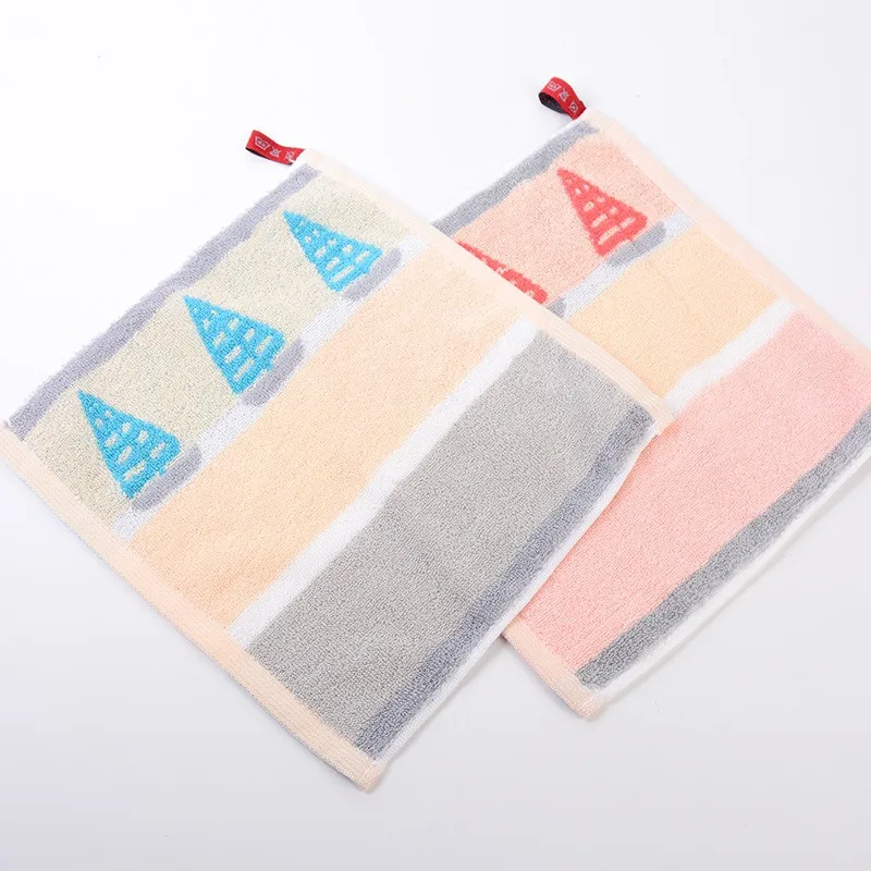 1Pc 25x25cm Cotton Cartoon Boat Small Square Face Hand Towel With Loop Portable Absorbent Soft