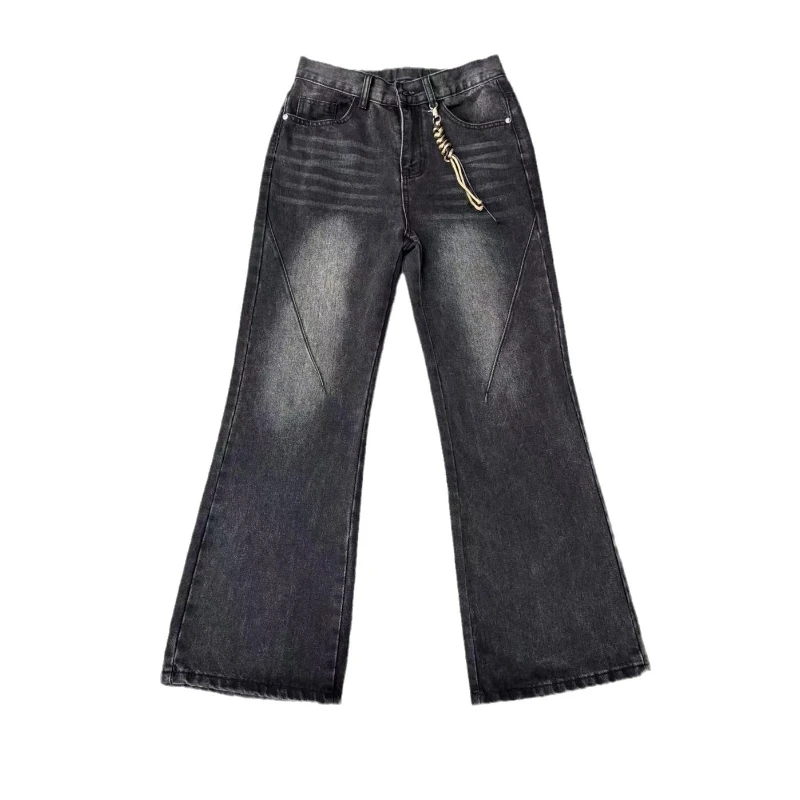 

Casual High Street Cigarette Ash Black Jeans Versatile Design Sense Niche Straight Tube Micro Flared New Style