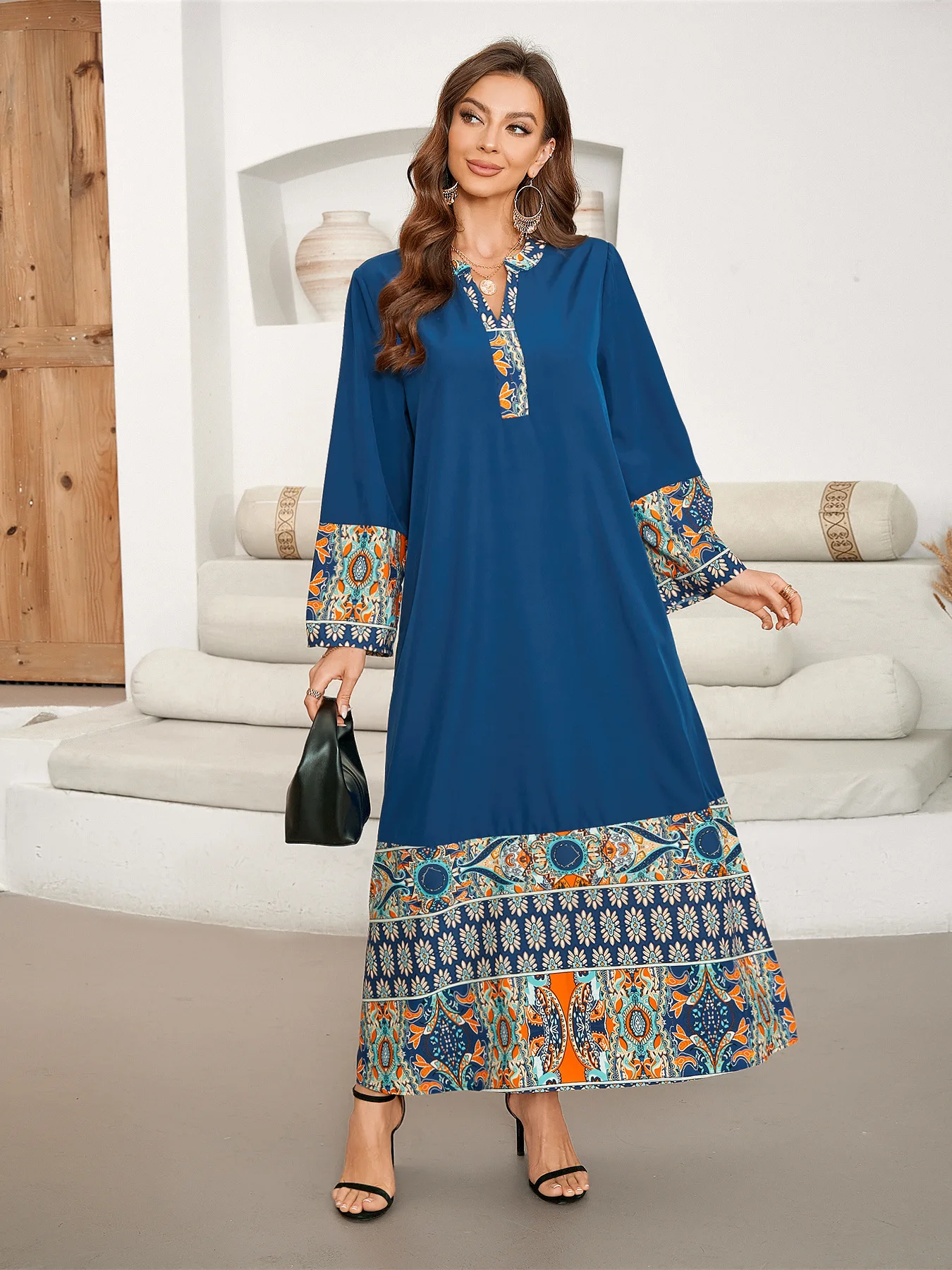 Printed Chiffon V-neck Elegant Bohemian Dresses Patchwork Long Sleeved Dress Middle Eastern Loose Women Fall Pullovers Clothes