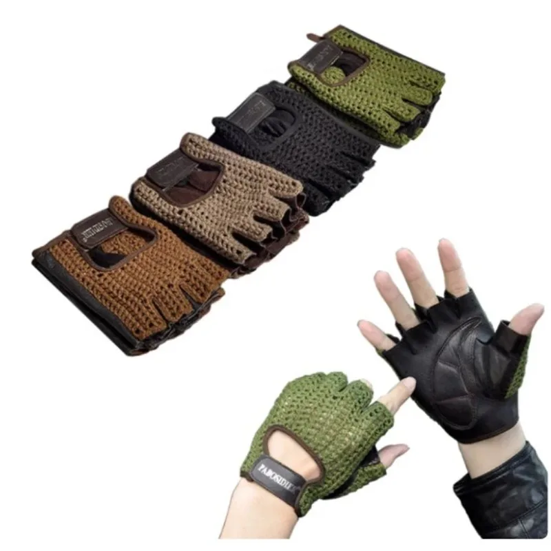 Leather Mesh Fingerless Gloves Motocross Fishing Net Car Driving Tactical Gloves Motorcycle Cycling Men\'s Gloves