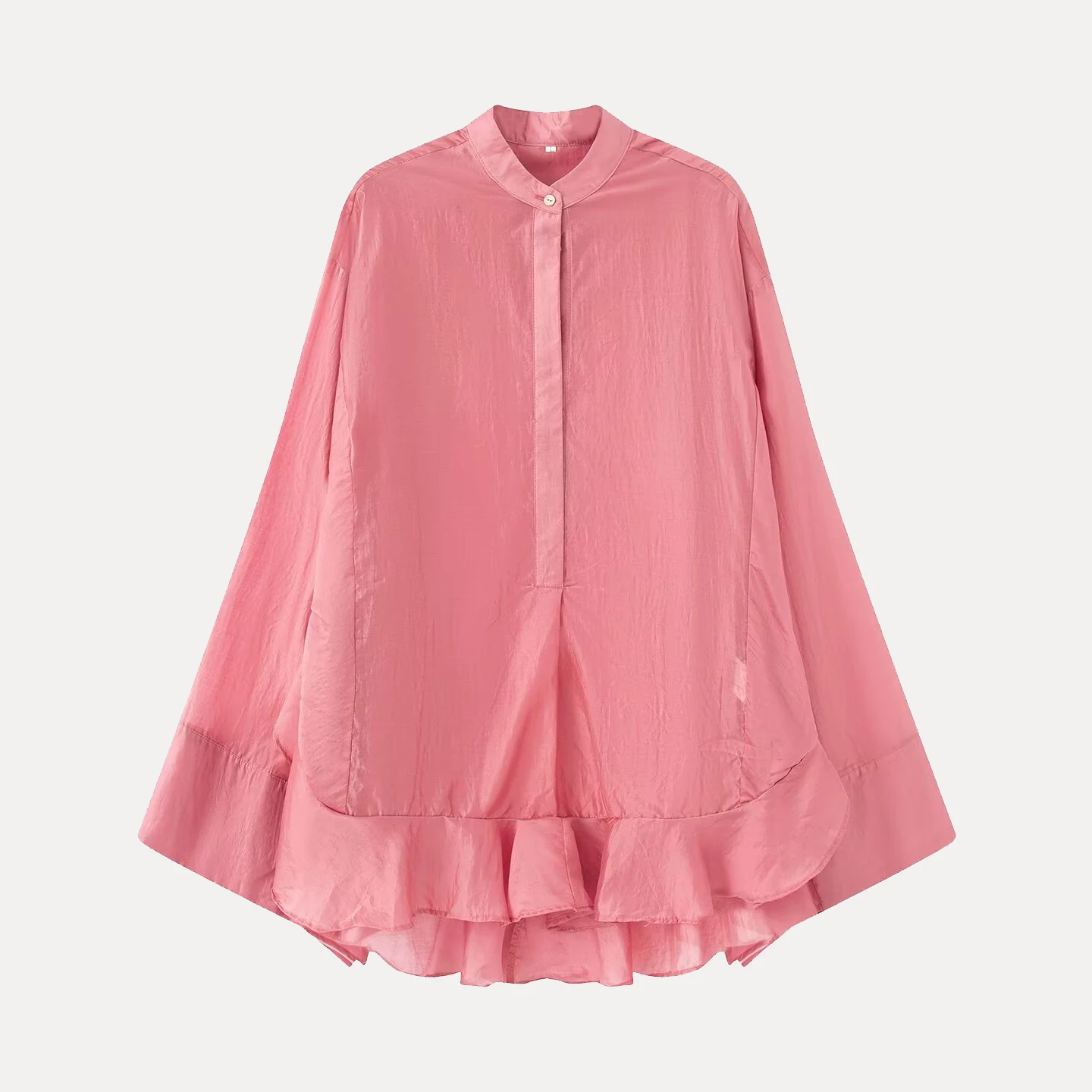 Damska bluzka z chińskim kołnierzykiem, wiosna 2025, nowa, rękaw nietoperz, koronkowe wykończenie, do pracy, luźny krój, długa, jednolita.