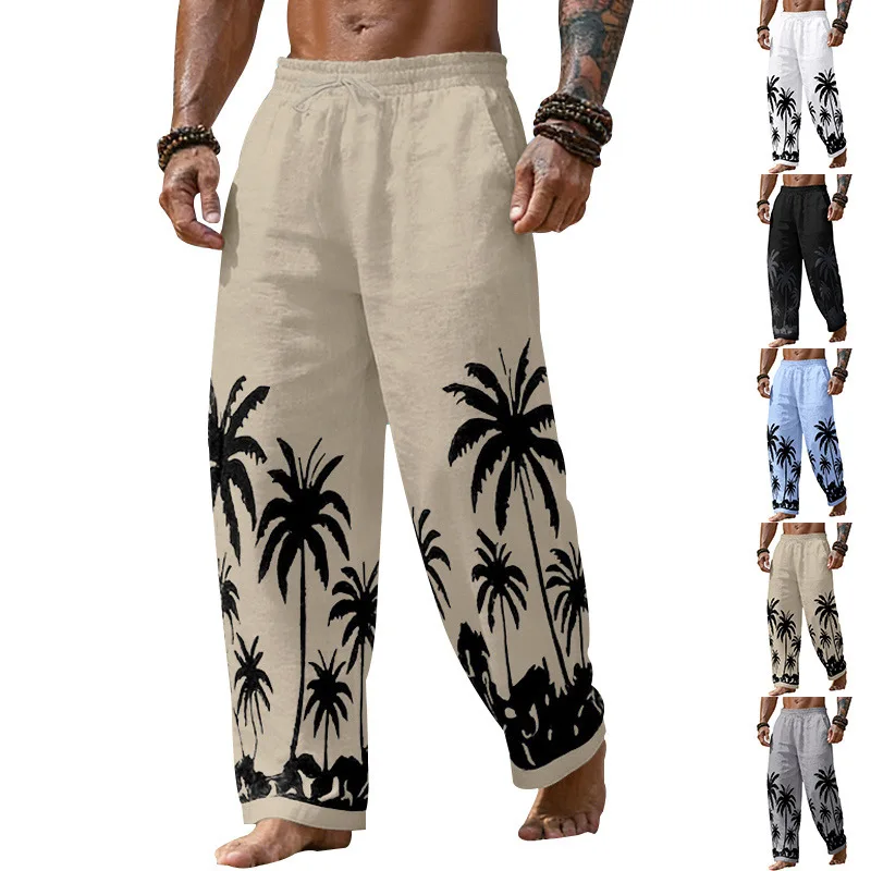 Pant men 2026 casual New loose breathable elastic waist Hawaiian tree leaf print linen casual beach pants men's clothing