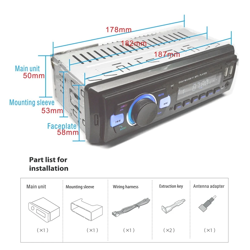 1Din Car Radio DAB Digital Radio Dual USB FM MP3 BALANCE Hands-Free USB Bluetooth 4.2 WMV APE EQ TF Card U-Disk ISO