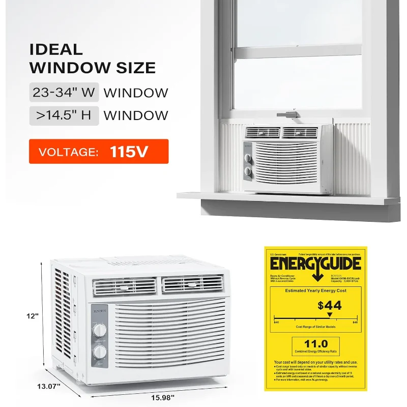 مكيف هواء نافذة ROVSUN 5000 BTU، وحدات تيار متردد للنافذة مع أدوات تحكم ميكانيكية ومجموعة سهلة التركيب، مثالية