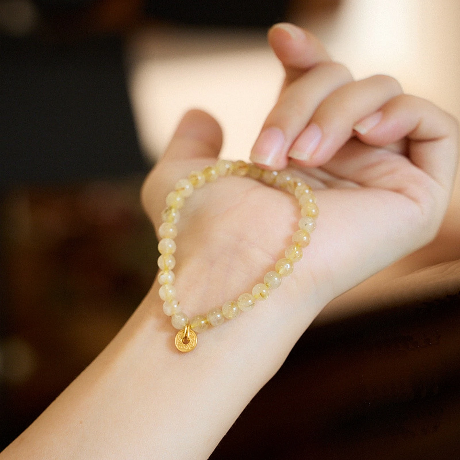 

Natural Golden Rutilated Quartz Beads Beaded Strand Stretch Money Bracelet for Women Lucky Ancient Gold Coins Charm Bangle 1641