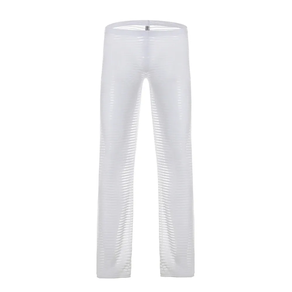 Men's Solid Color Sexy Loose Pajama Long Pants Mesh Transparent Striped Casual Trousers Breathable Lounge Sleep Bottoms Homewear