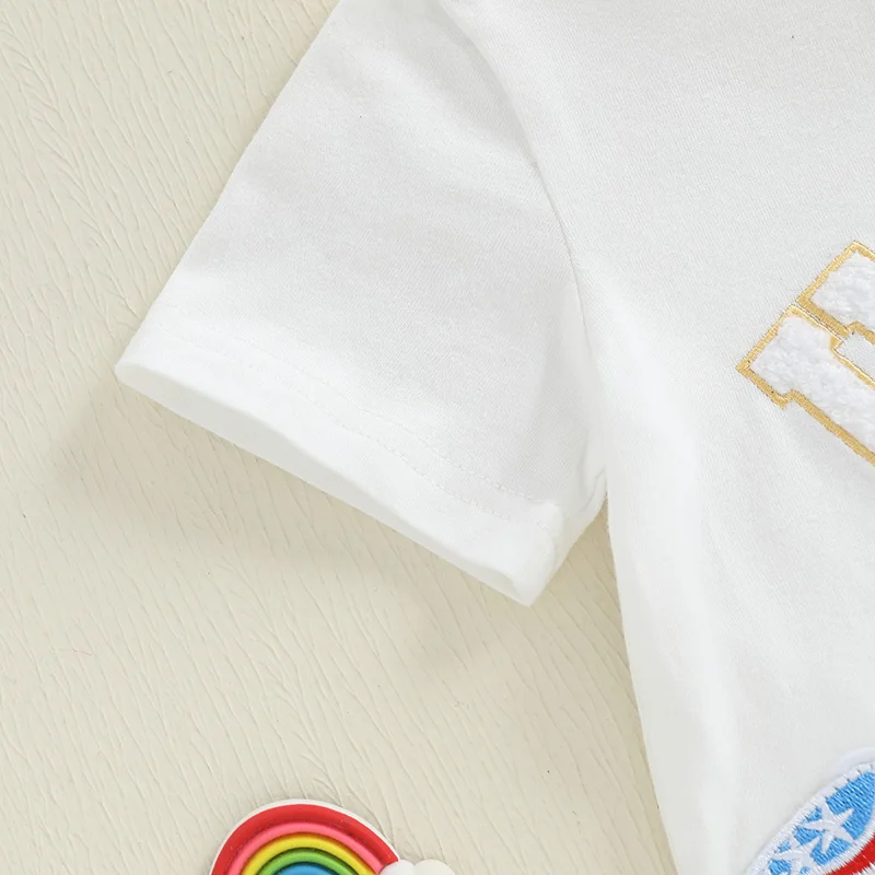 Abbigliamento da donna per il Giorno dell'Indipendenza, manica corta, girocollo, fiocco, lettera, ricamo, camicetta, gonna in tulle a trapezio