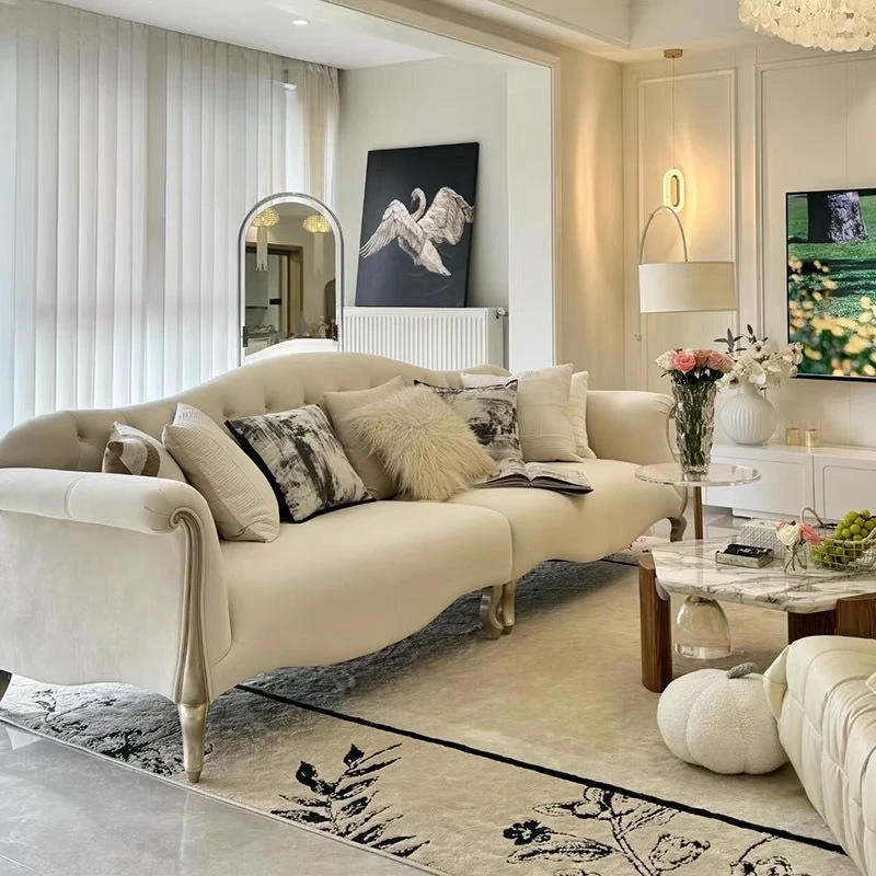 Solid wood fabric sofa Modern cream style simple French living room sofa Straight row pull