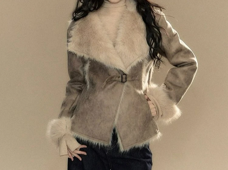 

2025 Spring New Collection Waist Collection Casual Fashion Versatile Hairy Collar Coat for Women