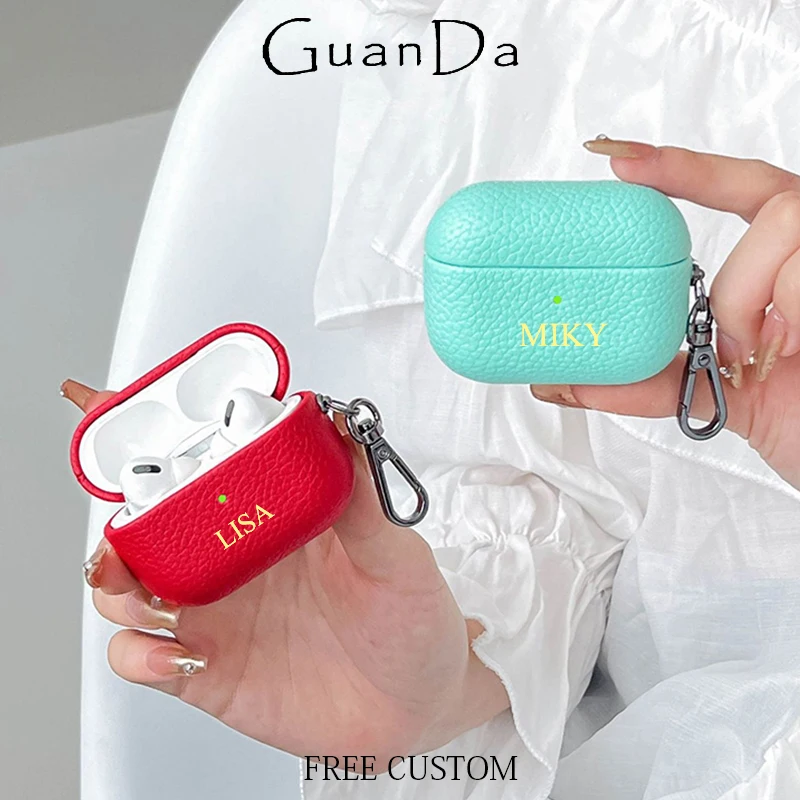 Fashion Cute Mini DIY Earphone Case Custom Initials Protective PU Leather Earbud Case With Keychain Casual Personalized Gift