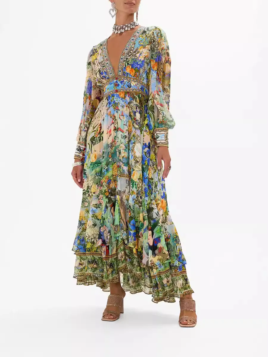 

European and American New Arrival Hot Sale PrintingVCollar Long-Sleeved Bubble Sleeve Waist-Tied Summer New Women's Clothes