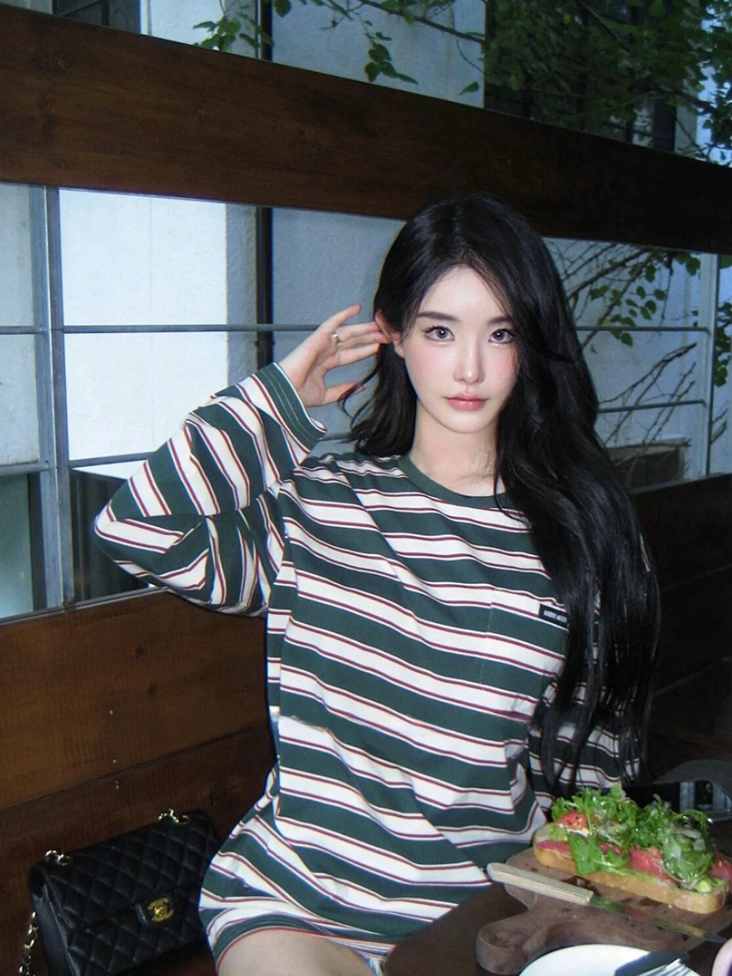 

Loose Fit Long Sleeve Women's T-shirt Color Block Striped round Neck Casual Comfortable Top Wang Xiaojie Pure Style