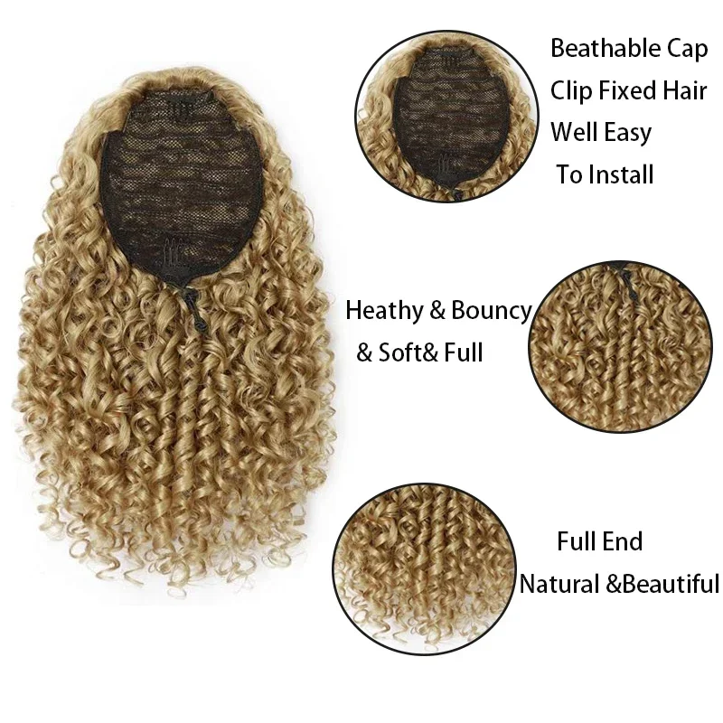 14\'\' Kinky Curly Ponytail Hair for Women Short Fluffy Curly Drawstring Ponytail Natural Synthetic Afro Curly Fake Tail Hairpiece