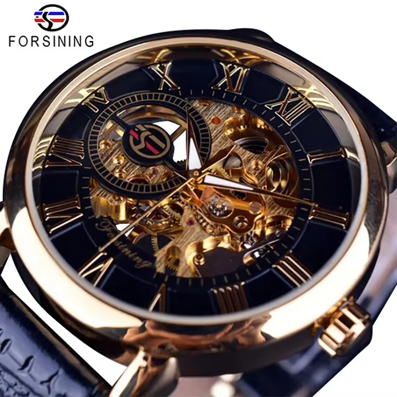 

Forsining Retro Transparent Skeleton Mechanical Watch for Men Luminous Hands Luxury Classic Mens Watches Black Leather Strap