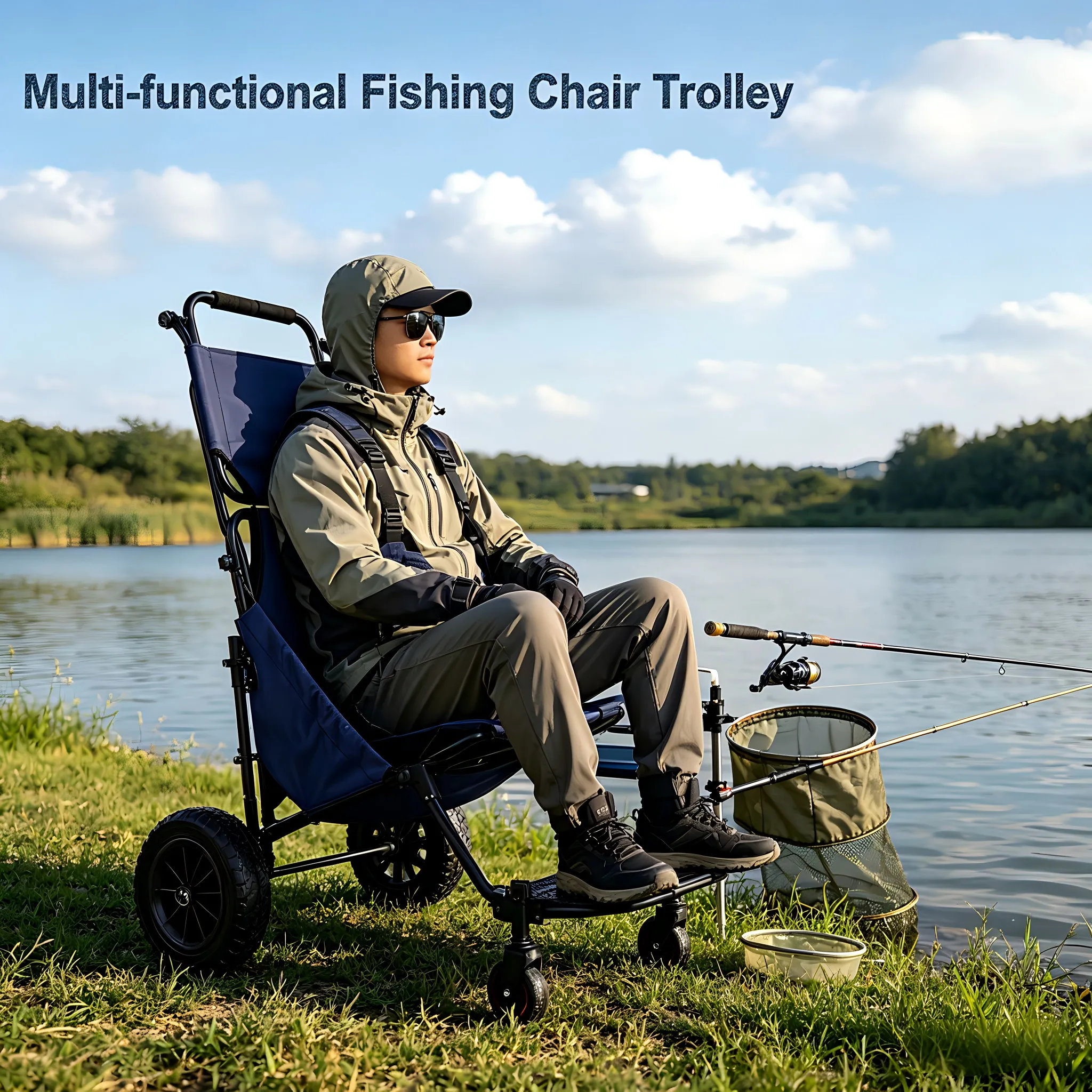 Blue Four-Wheel Nylon Folding Wagon Garden Shopping Cart Customizable Roll Container Outdoor Camping Folding Fishing Chair Carts