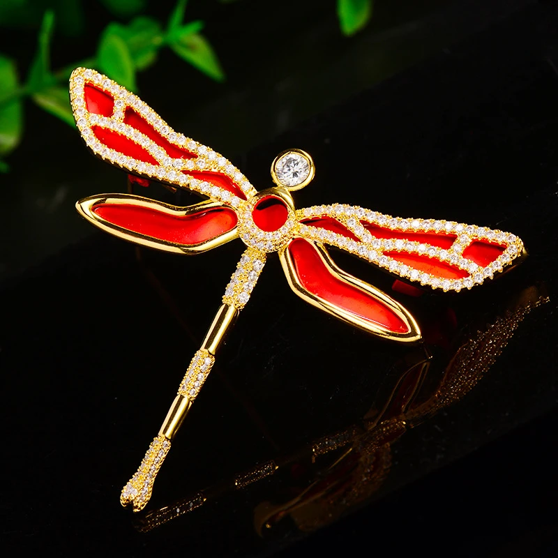 High-end Retro Red Blue Dragonfly Copper Insect Female Brooch Delicate Cubic Zirconia Pin Clothing Accessories Gifts to Mother