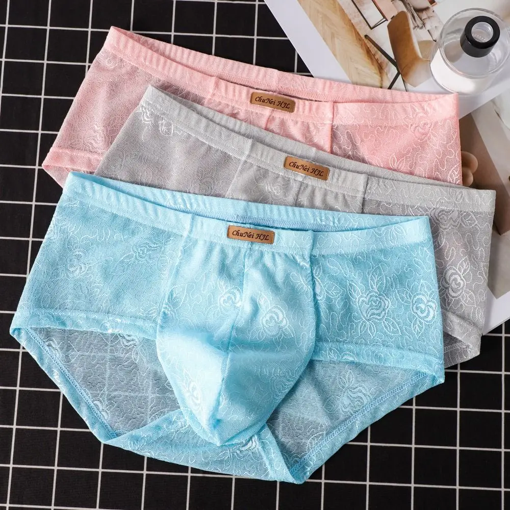 Lingerie Ice Silk Men Underwear Transparent Mid Waist Men's Lace Briefs Mesh Ultra-thin Triangle Panties Summer Wear