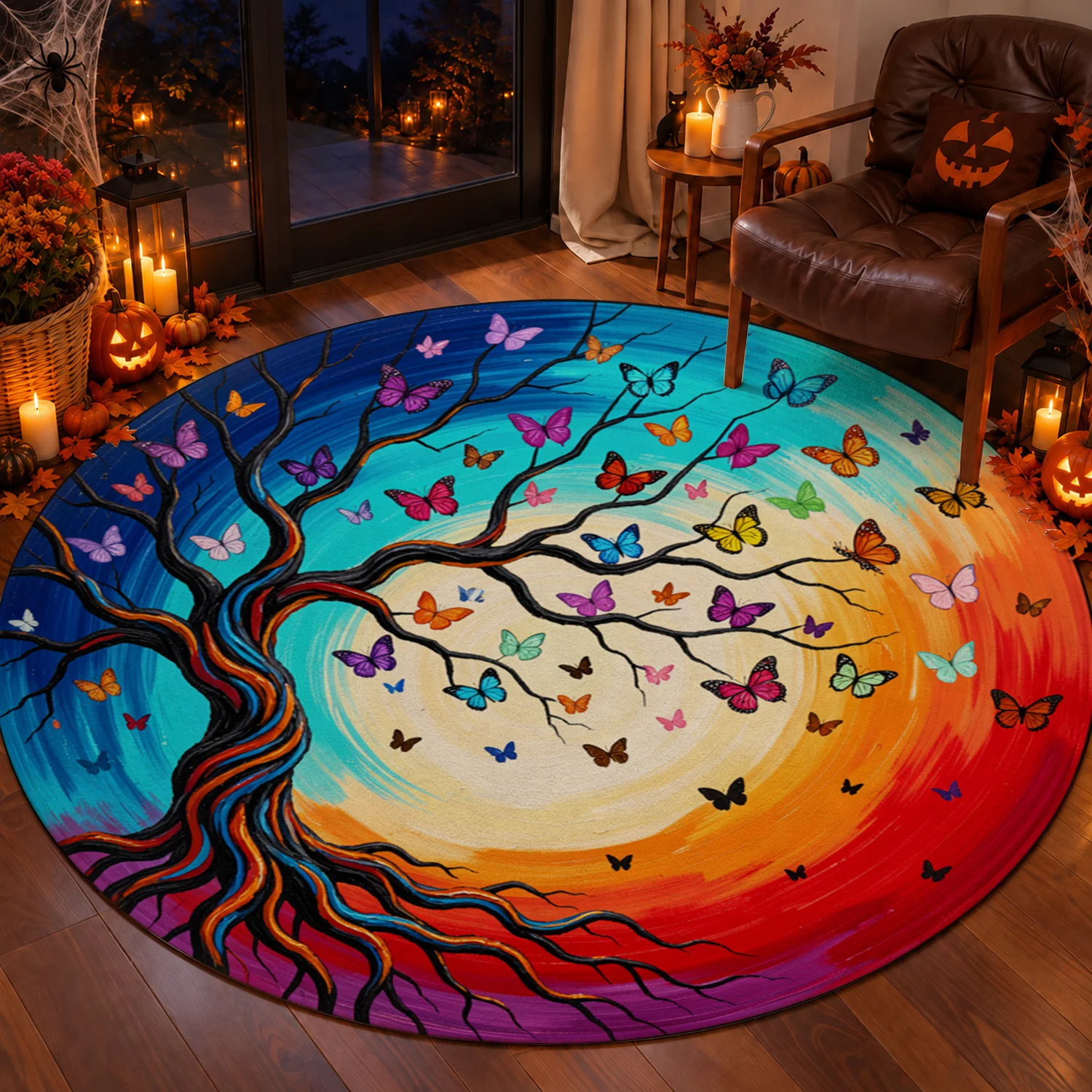 Colorful Tree with Butterflies Pattern Round Velvet Rug Soft Machine Washable Area Rug for Living Room Bedroom Dining Room Entryway Ideal for Halloween Thanksgiving Christmas New Year Black Friday